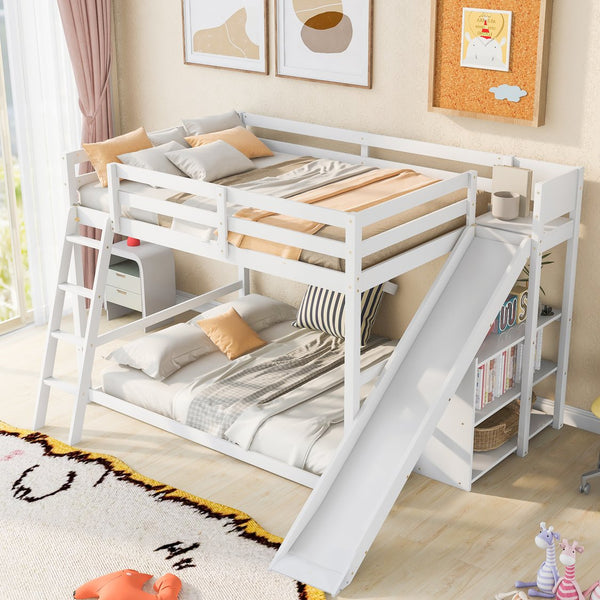 English Elm Full Full Bunk Bed with Ladder, Slide & Built-In Shelves — Space-Saving Pine Design for Kids Rooms White GX000428AAK