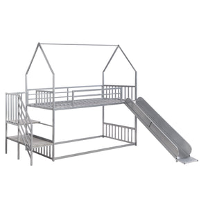 English Elm Twin Twin over Twin Metal Bunk Bed House with Slide & Stairs, Silver — Space-Saving Playful Modern Loft GX001117AAN