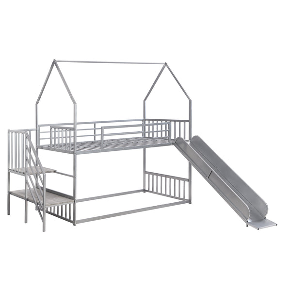 English Elm Twin Twin over Twin Metal Bunk Bed House with Slide & Stairs, Silver — Space-Saving Playful Modern Loft GX001117AAN