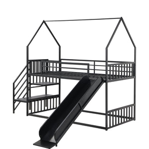 English Elm Twin Metal Bunk Bed House with Slide & Staircase, Black — Space-Saving Twin Loft, Sturdy Metal/MDF Fun Room GX001117AAB