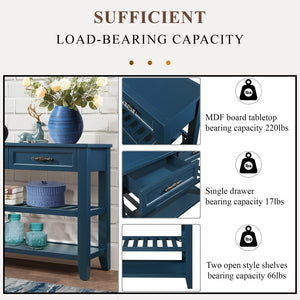English Elm Console Sofa Table Solid Wood Distressed Finish Two Drawers Open Shelves Entryway Navy Blue W1202P360978