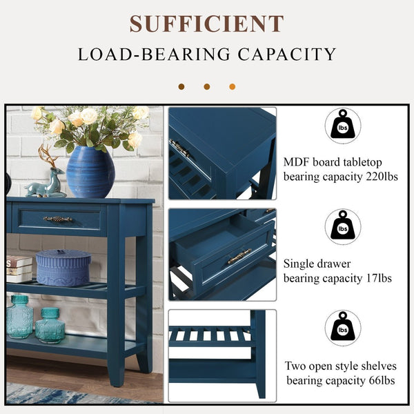 English Elm Console Sofa Table Solid Wood Distressed Finish Two Drawers Open Shelves Entryway Navy Blue W1202P360978