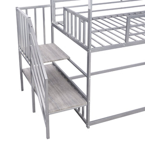English Elm Twin Twin over Twin Metal Bunk Bed House with Slide & Stairs, Silver — Space-Saving Playful Modern Loft GX001117AAN