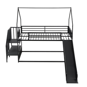 English Elm Twin Metal Bunk Bed House with Slide & Staircase, Black — Space-Saving Twin Loft, Sturdy Metal/MDF Fun Room GX001117AAB
