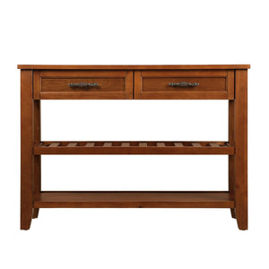 English Elm Console Sofa Table Solid Wood Distressed Finish Two Drawers Open Shelves Entryway Brown W1202P360979