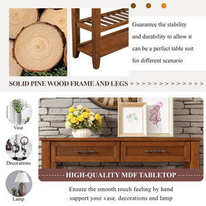 English Elm Console Sofa Table Solid Wood Distressed Finish Two Drawers Open Shelves Entryway Brown W1202P360979