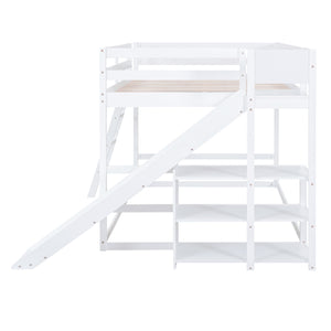 English Elm Full Full Bunk Bed with Ladder, Slide & Built-In Shelves — Space-Saving Pine Design for Kids Rooms White GX000428AAK