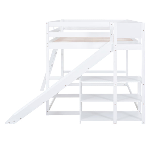 English Elm Full Full Bunk Bed with Ladder, Slide & Built-In Shelves — Space-Saving Pine Design for Kids Rooms White GX000428AAK