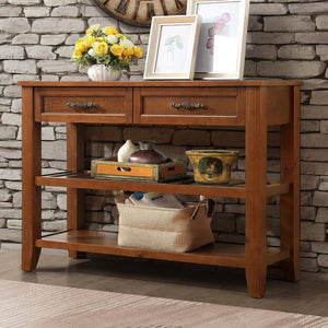 English Elm Console Sofa Table Solid Wood Distressed Finish Two Drawers Open Shelves Entryway Brown W1202P360979