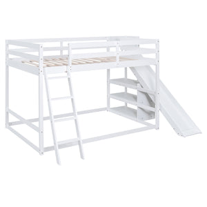 English Elm Full Full Bunk Bed with Ladder, Slide & Built-In Shelves — Space-Saving Pine Design for Kids Rooms White GX000428AAK