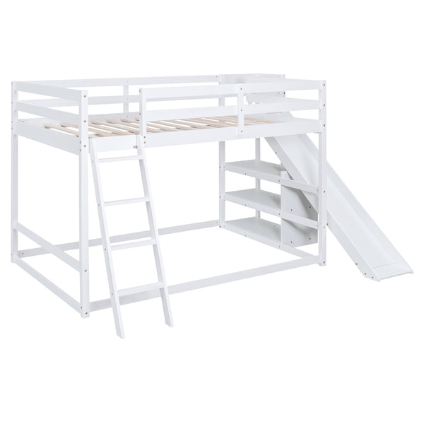 English Elm Full Full Bunk Bed with Ladder, Slide & Built-In Shelves — Space-Saving Pine Design for Kids Rooms White GX000428AAK