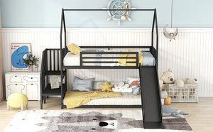 English Elm Twin Metal Bunk Bed House with Slide & Staircase, Black — Space-Saving Twin Loft, Sturdy Metal/MDF Fun Room GX001117AAB