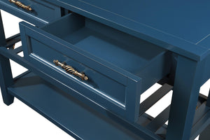 English Elm Console Sofa Table Solid Wood Distressed Finish Two Drawers Open Shelves Entryway Navy Blue W1202P360978