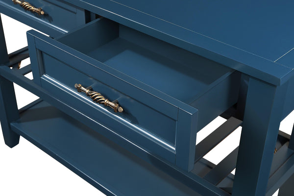 English Elm Console Sofa Table Solid Wood Distressed Finish Two Drawers Open Shelves Entryway Navy Blue W1202P360978