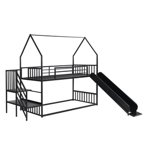 English Elm Twin Metal Bunk Bed House with Slide & Staircase, Black — Space-Saving Twin Loft, Sturdy Metal/MDF Fun Room GX001117AAB