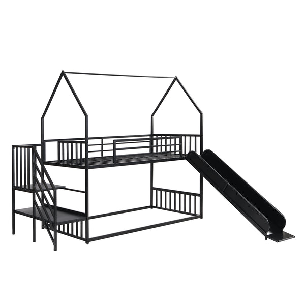 English Elm Twin Metal Bunk Bed House with Slide & Staircase, Black — Space-Saving Twin Loft, Sturdy Metal/MDF Fun Room GX001117AAB