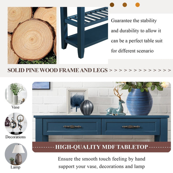 English Elm Console Sofa Table Solid Wood Distressed Finish Two Drawers Open Shelves Entryway Navy Blue W1202P360978