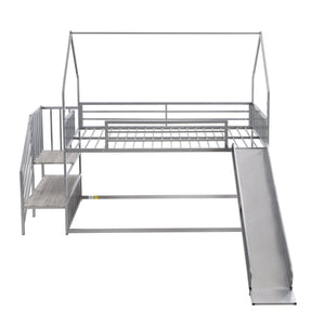 English Elm Twin Twin over Twin Metal Bunk Bed House with Slide & Stairs, Silver — Space-Saving Playful Modern Loft GX001117AAN