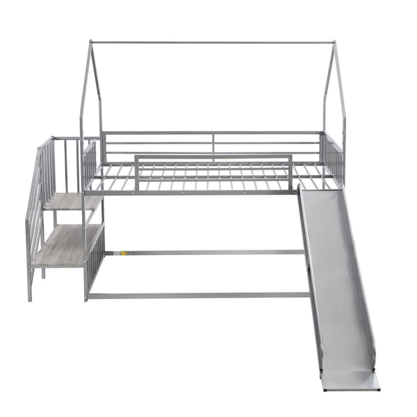 English Elm Twin Twin over Twin Metal Bunk Bed House with Slide & Stairs, Silver — Space-Saving Playful Modern Loft GX001117AAN
