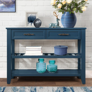 English Elm Console Sofa Table Solid Wood Distressed Finish Two Drawers Open Shelves Entryway Navy Blue W1202P360978