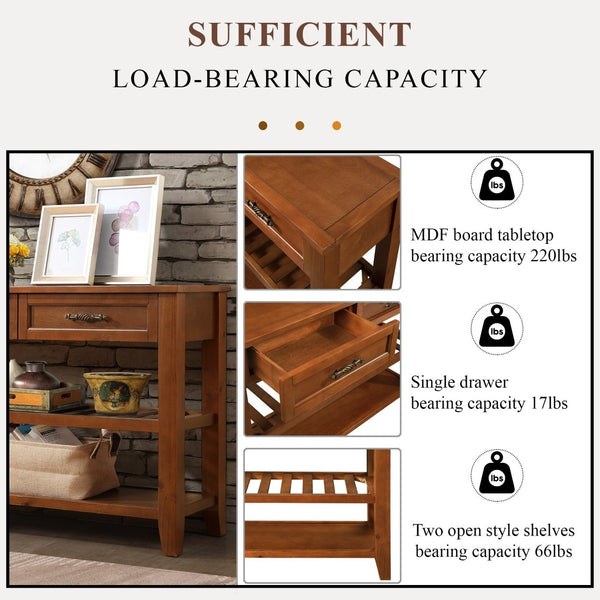 English Elm Console Sofa Table Solid Wood Distressed Finish Two Drawers Open Shelves Entryway Brown W1202P360979