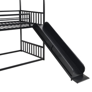 English Elm Twin Metal Bunk Bed House with Slide & Staircase, Black — Space-Saving Twin Loft, Sturdy Metal/MDF Fun Room GX001117AAB