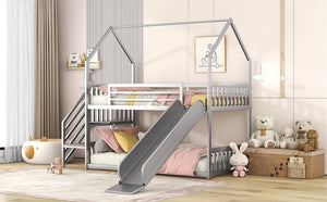 English Elm Twin Twin over Twin Metal Bunk Bed House with Slide & Stairs, Silver — Space-Saving Playful Modern Loft GX001117AAN