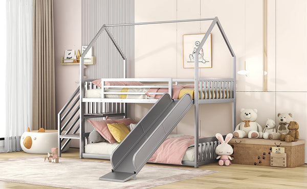 English Elm Twin Twin over Twin Metal Bunk Bed House with Slide & Stairs, Silver — Space-Saving Playful Modern Loft GX001117AAN