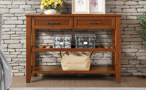 English Elm Console Sofa Table Solid Wood Distressed Finish Two Drawers Open Shelves Entryway Brown W1202P360979