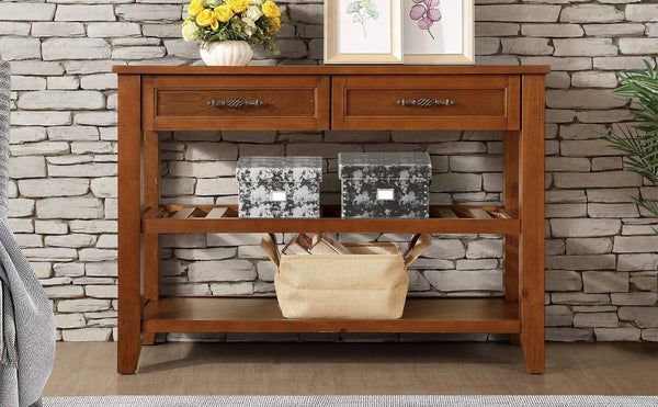English Elm Console Sofa Table Solid Wood Distressed Finish Two Drawers Open Shelves Entryway Brown W1202P360979