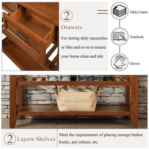 English Elm Console Sofa Table Solid Wood Distressed Finish Two Drawers Open Shelves Entryway Brown W1202P360979