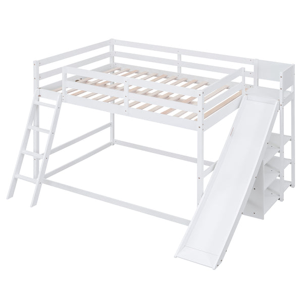 English Elm Full Full Bunk Bed with Ladder, Slide & Built-In Shelves — Space-Saving Pine Design for Kids Rooms White GX000428AAK