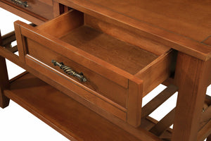 English Elm Console Sofa Table Solid Wood Distressed Finish Two Drawers Open Shelves Entryway Brown W1202P360979