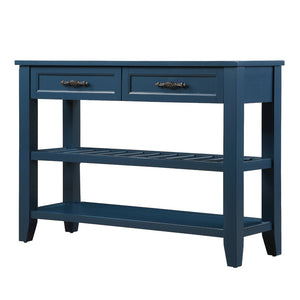 English Elm Console Sofa Table Solid Wood Distressed Finish Two Drawers Open Shelves Entryway Navy Blue W1202P360978