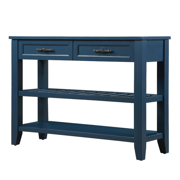 English Elm Console Sofa Table Solid Wood Distressed Finish Two Drawers Open Shelves Entryway Navy Blue W1202P360978