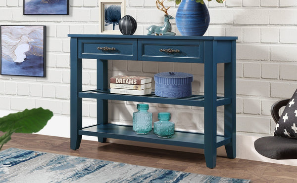 English Elm Console Sofa Table Solid Wood Distressed Finish Two Drawers Open Shelves Entryway Navy Blue W1202P360978
