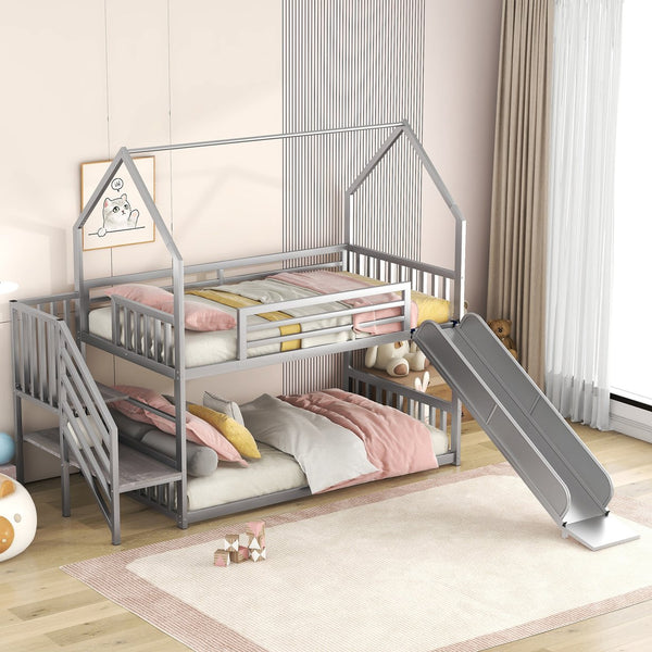English Elm Twin Twin over Twin Metal Bunk Bed House with Slide & Stairs, Silver — Space-Saving Playful Modern Loft GX001117AAN