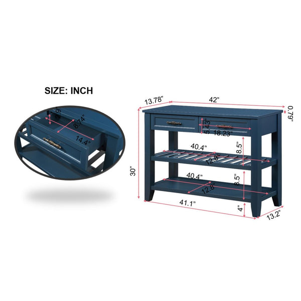 English Elm Console Sofa Table Solid Wood Distressed Finish Two Drawers Open Shelves Entryway Navy Blue W1202P360978