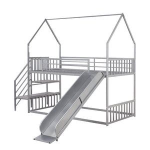 English Elm Twin Twin over Twin Metal Bunk Bed House with Slide & Stairs, Silver — Space-Saving Playful Modern Loft GX001117AAN