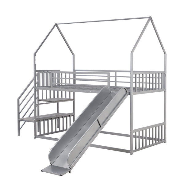 English Elm Twin Twin over Twin Metal Bunk Bed House with Slide & Stairs, Silver — Space-Saving Playful Modern Loft GX001117AAN