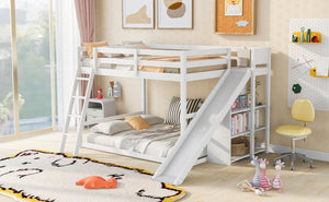 English Elm Full Full Bunk Bed with Ladder, Slide & Built-In Shelves — Space-Saving Pine Design for Kids Rooms White GX000428AAK