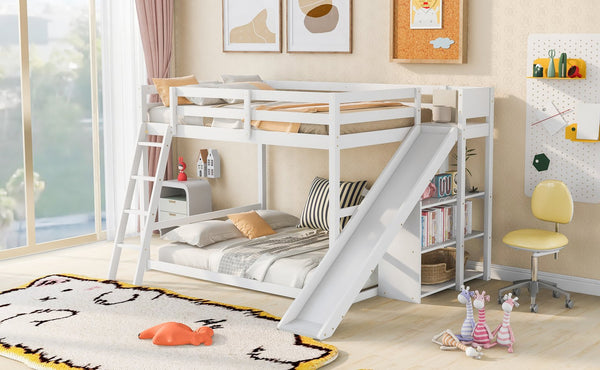 English Elm Full Full Bunk Bed with Ladder, Slide & Built-In Shelves — Space-Saving Pine Design for Kids Rooms White GX000428AAK