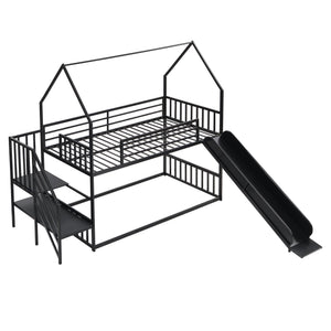 English Elm Twin Metal Bunk Bed House with Slide & Staircase, Black — Space-Saving Twin Loft, Sturdy Metal/MDF Fun Room GX001117AAB