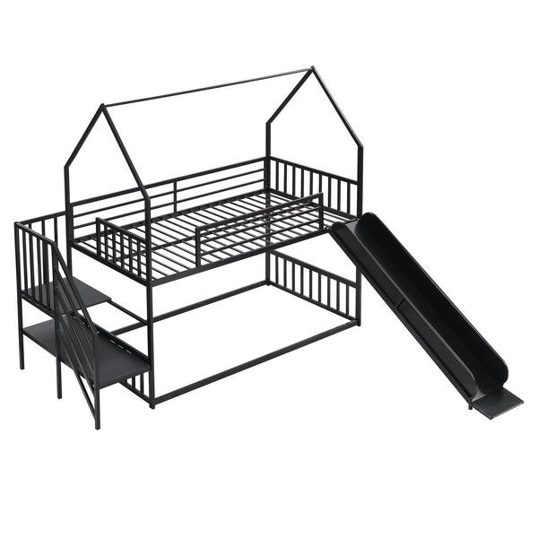 English Elm Twin Metal Bunk Bed House with Slide & Staircase, Black — Space-Saving Twin Loft, Sturdy Metal/MDF Fun Room GX001117AAB