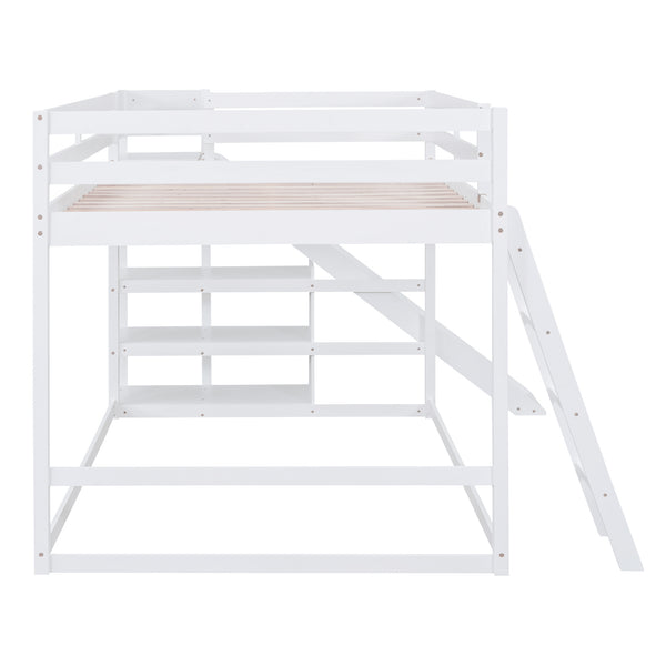 English Elm Full Full Bunk Bed with Ladder, Slide & Built-In Shelves — Space-Saving Pine Design for Kids Rooms White GX000428AAK
