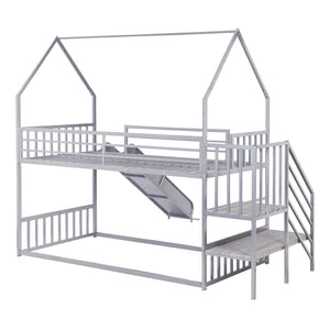 English Elm Twin Twin over Twin Metal Bunk Bed House with Slide & Stairs, Silver — Space-Saving Playful Modern Loft GX001117AAN
