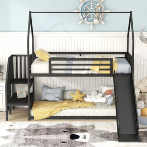 English Elm Twin Metal Bunk Bed House with Slide & Staircase, Black — Space-Saving Twin Loft, Sturdy Metal/MDF Fun Room GX001117AAB