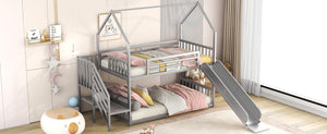English Elm Twin Twin over Twin Metal Bunk Bed House with Slide & Stairs, Silver — Space-Saving Playful Modern Loft GX001117AAN