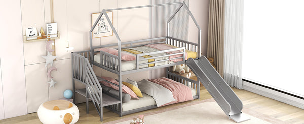 English Elm Twin Twin over Twin Metal Bunk Bed House with Slide & Stairs, Silver — Space-Saving Playful Modern Loft GX001117AAN