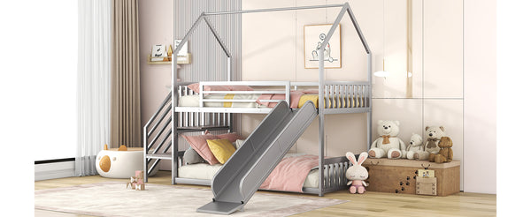 English Elm Twin Twin over Twin Metal Bunk Bed House with Slide & Stairs, Silver — Space-Saving Playful Modern Loft GX001117AAN